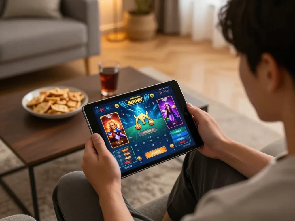 CỔNG GAME SUNWIN app interface displayed on tablet, highlighting online gaming excitement in a cozy setup.
