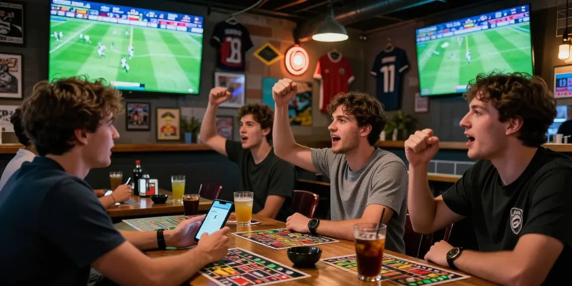 Tỷ lệ kèo nhà cái 5 analysis in an energetic sports bar setting during a live football match.