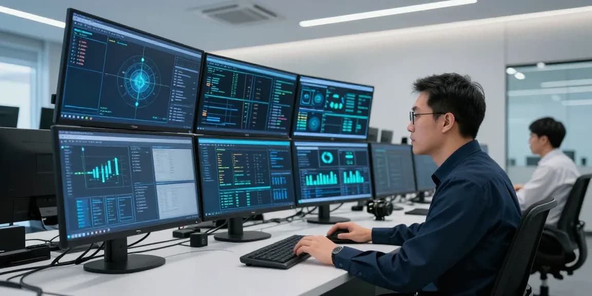 Cybersecurity technician monitoring shs-dome5.com in a modern control room.
