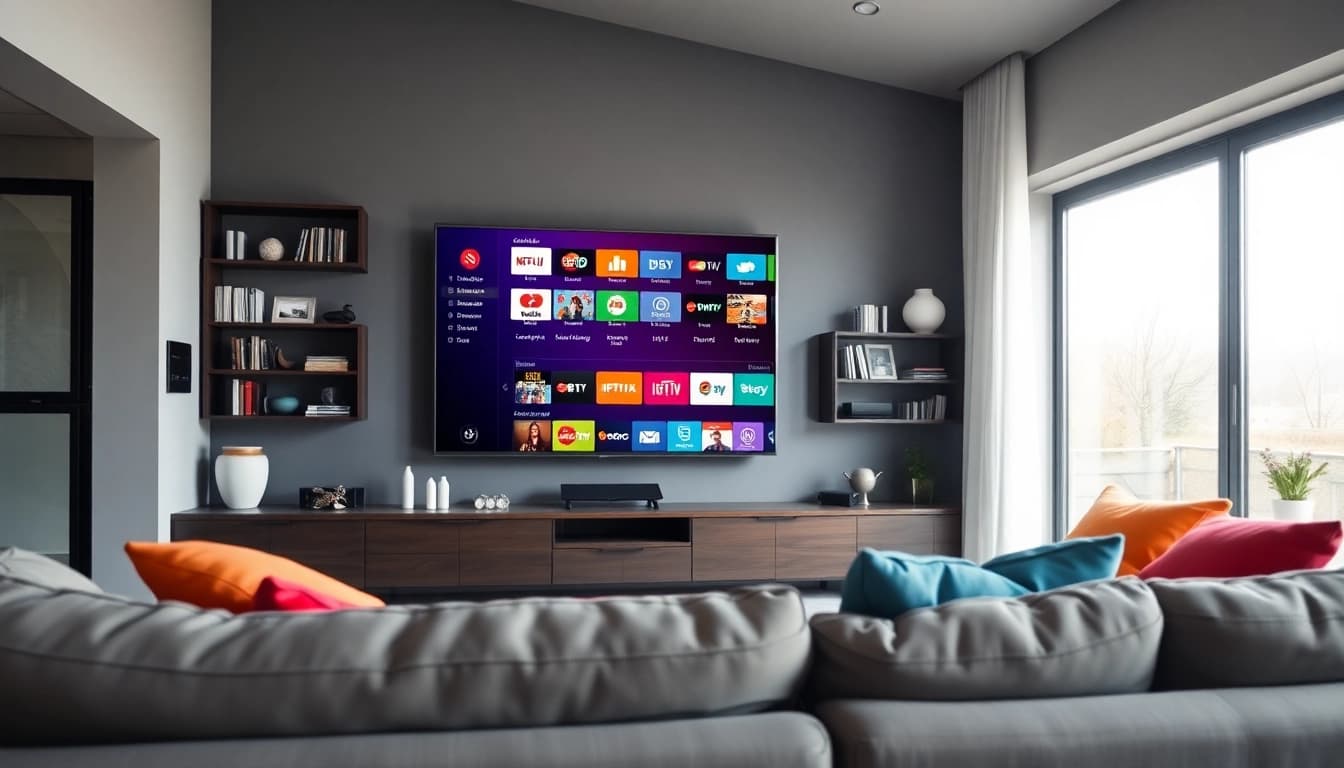 Experience the versatility of Suisse IPTV in a modern living room setting with a stylish TV and inviting decor.