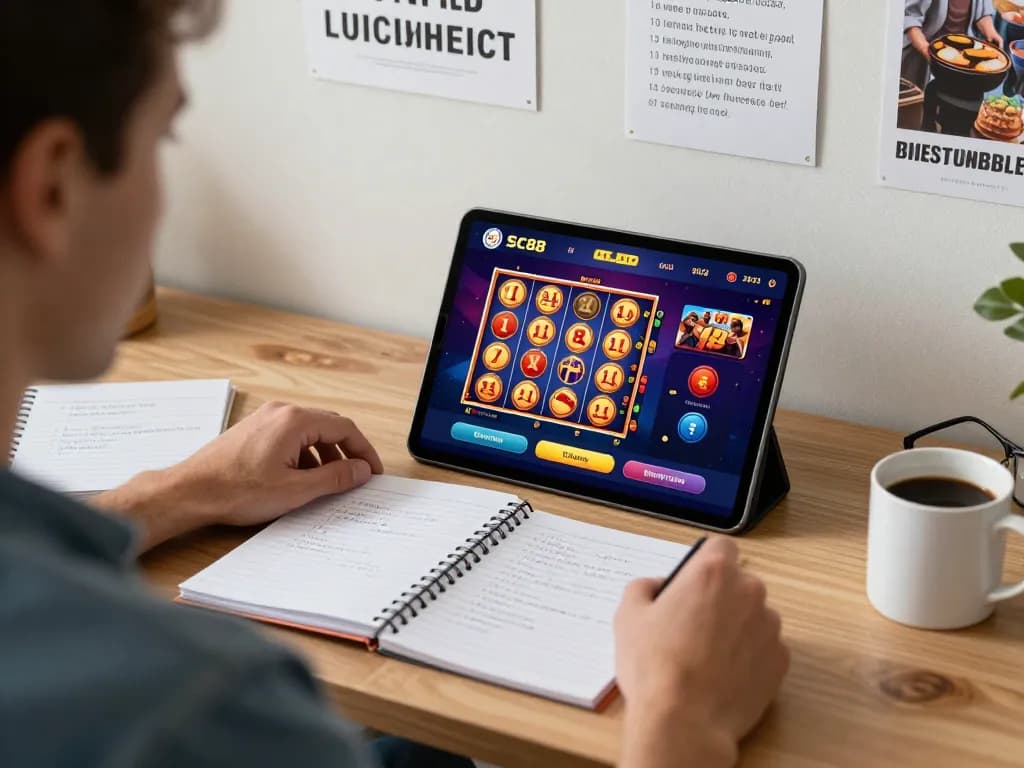 Player engaging with the SC88-bm app on tablet in a cozy workspace, promoting responsible gambling strategies.