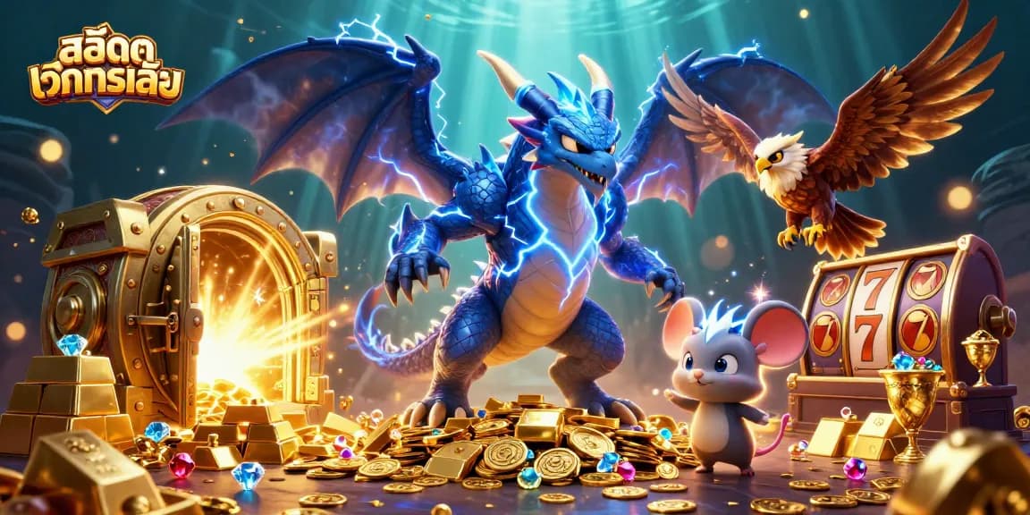 Experience thrilling สล็อตทดลองเล่น action with a dynamic dragon, hawk, and thunder mouse amidst golden treasure.