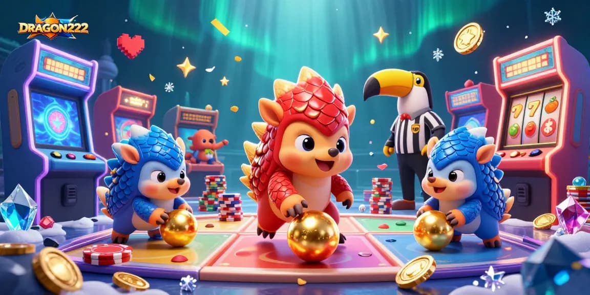 Experience the excitement of DRAGON222 slot games with vibrant pangolins navigating golden balls and poker chips.