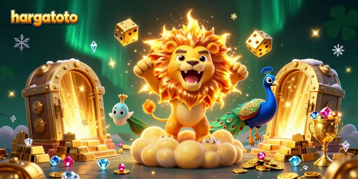 Hargatoto brings excitement with a roaring lion, golden dice, and dazzling treasures!