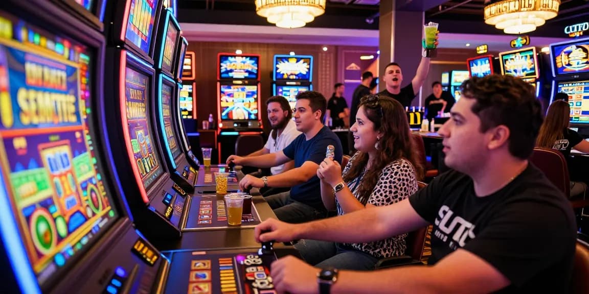 Engaged players at slot machines in a thrilling SLOT777 online gaming scene, colorful lights and jackpot excitement.