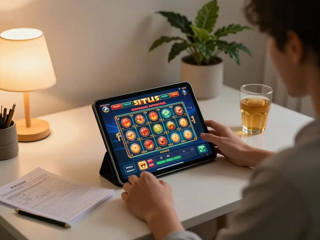 Engaged player enjoying situs slot games on tablet during cozy home gaming session