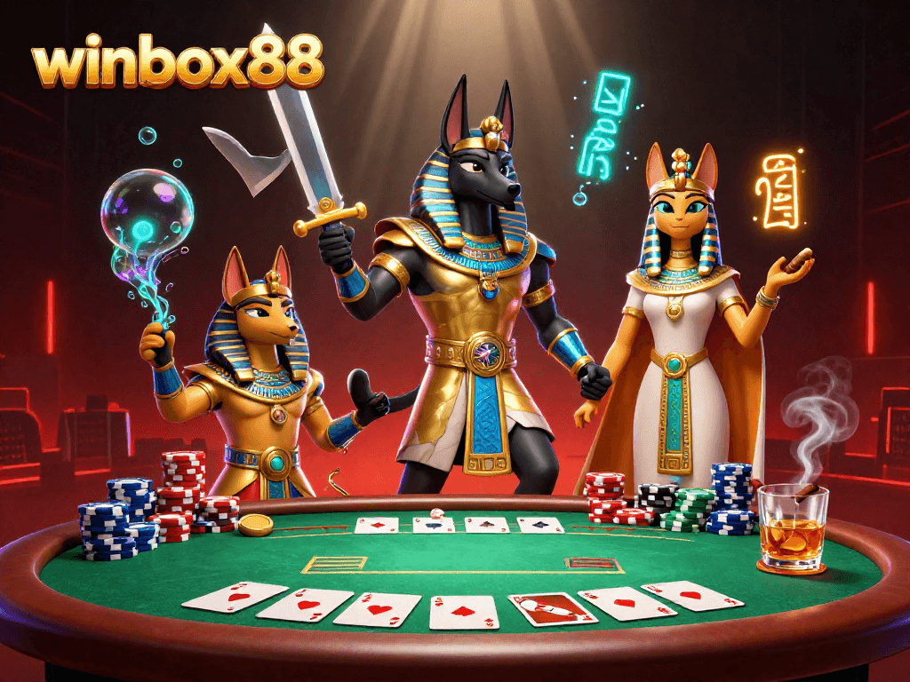 Engage in exciting poker action with winbox88, featuring Anubis and Bastet amidst vibrant gaming elements.