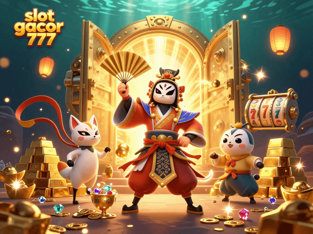 Spin for fortune with slot gacor 777 amid vibrant treasures and mythical characters.
