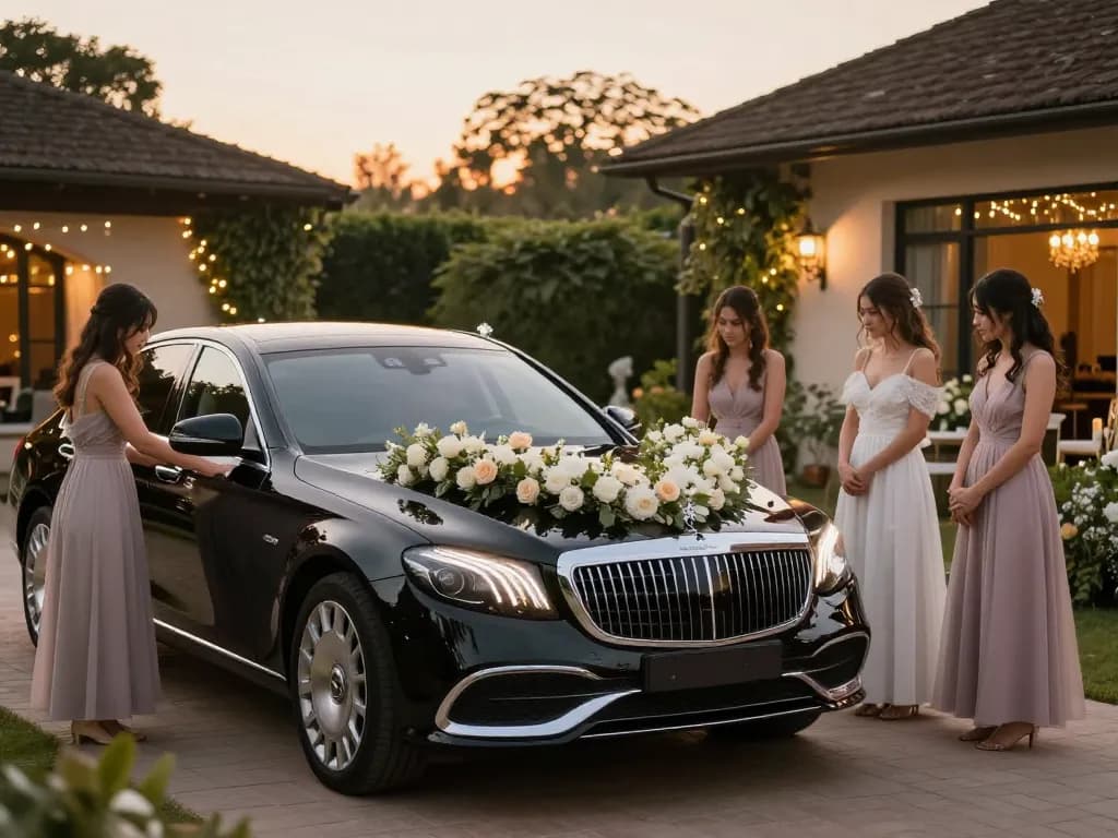 thuê xe cưới Mercedes trong bối cảnh cưới lãng mạn với trang trí hoa