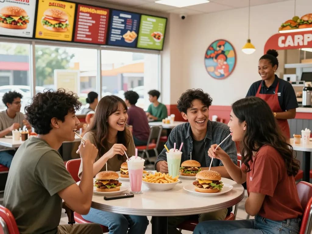 Group enjoying a fast food menu with burgers and fries in a lively restaurant.