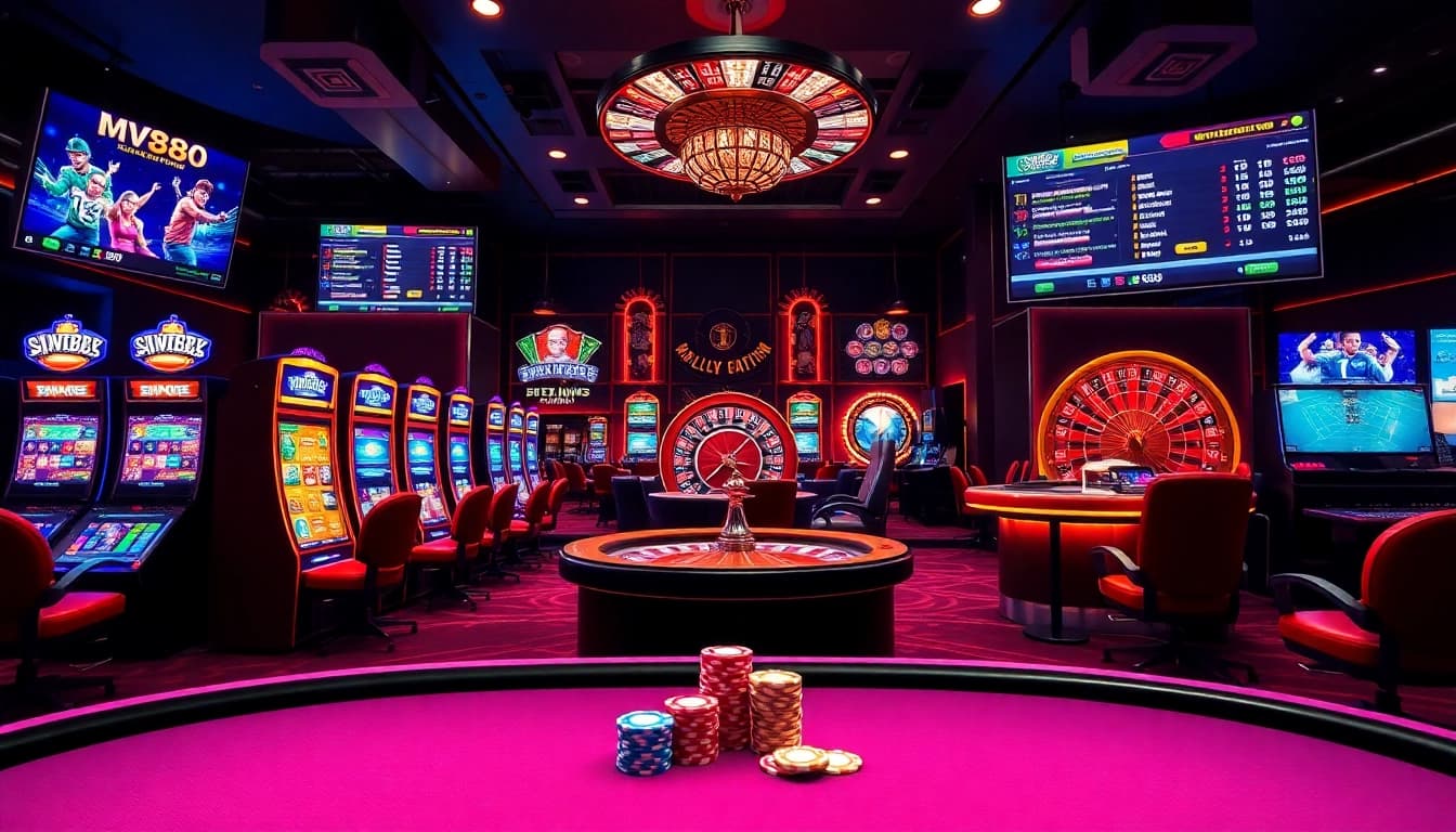 Exciting casino scene showcasing MV88's vibrant poker table and sports betting interface.