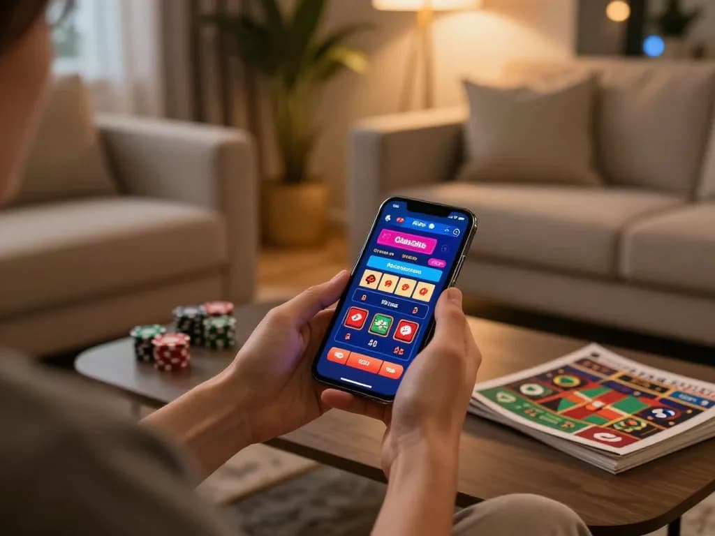 Engaging smartphone gaming experience at c168-co with user interacting with a casino app in a cozy setting.