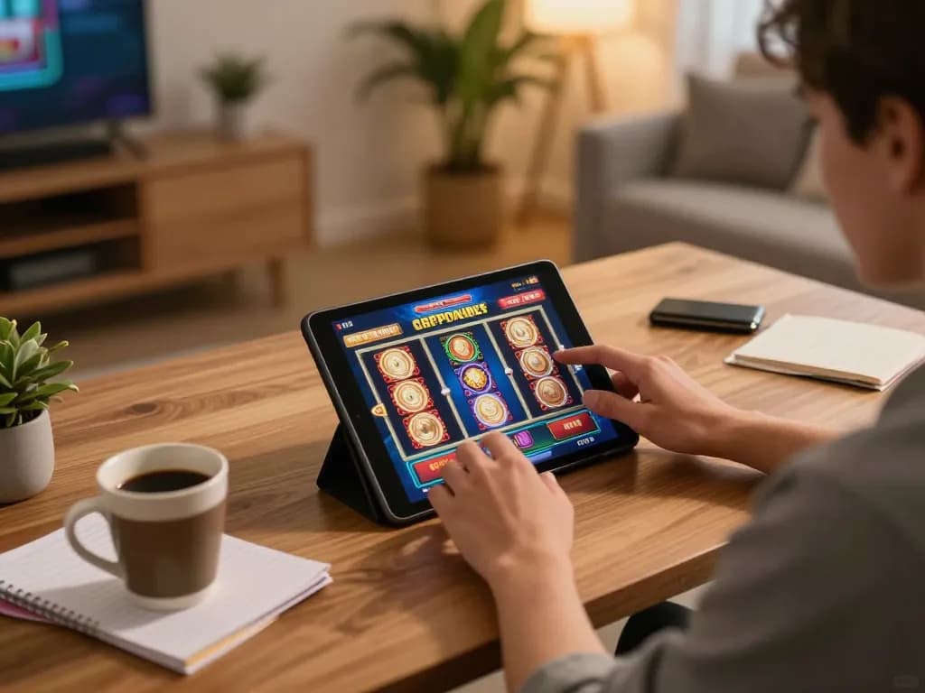 678vip user engaging in exciting slot gameplay on a tablet, cozy home atmosphere with warm lighting.