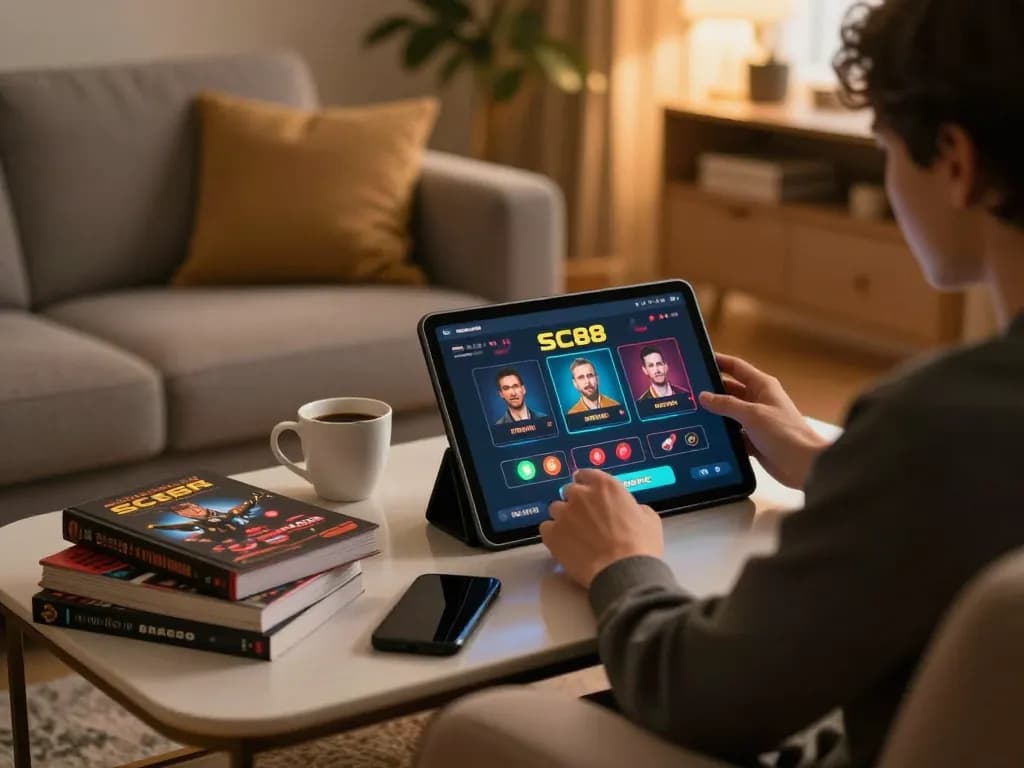 Engaged player using SC88 online casino app on tablet in a cozy home setting