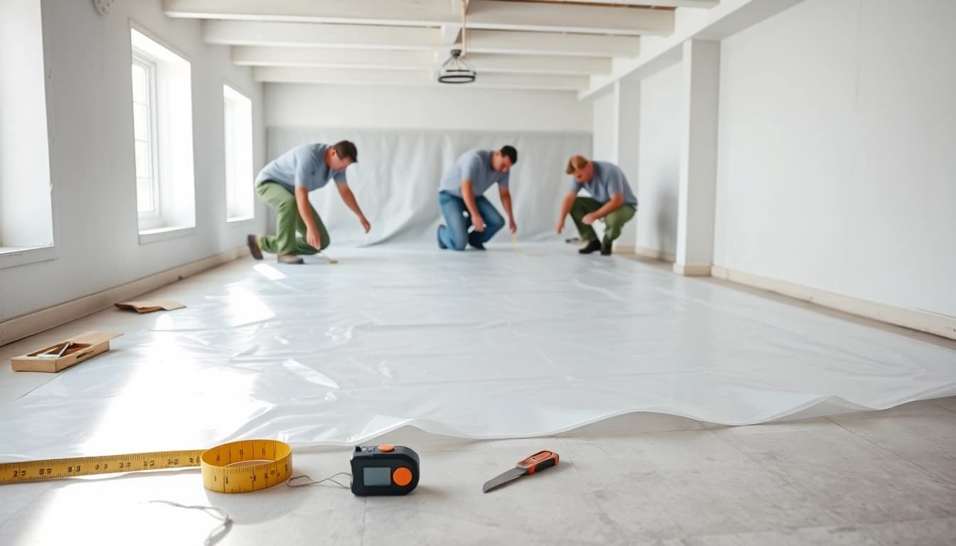 Vapor Barrier Installation process in a basement with detailed tools and materials.