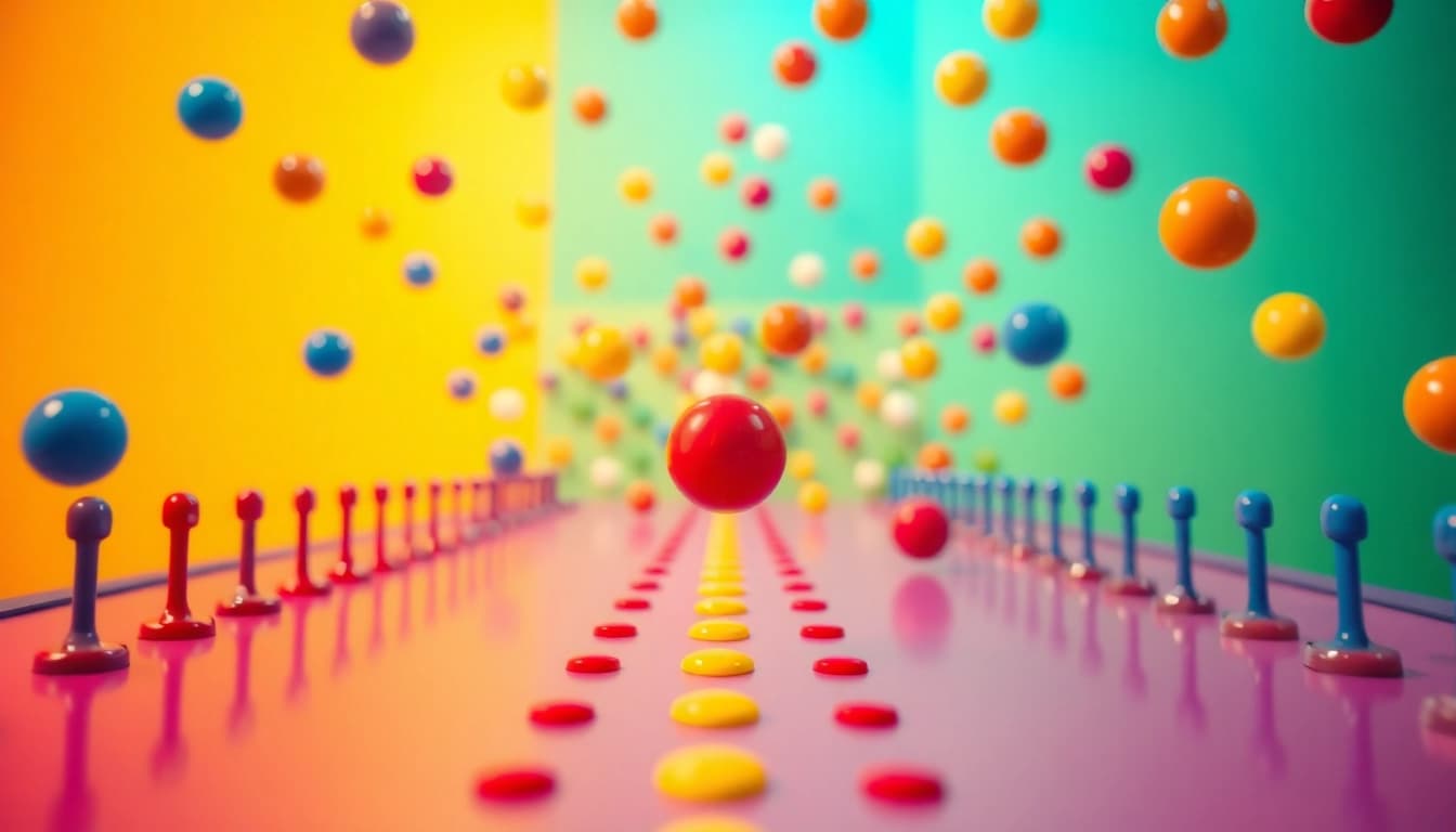 Permainan situs plinko yang menggambarkan bola berwarna cerah jatuh di papan pin.