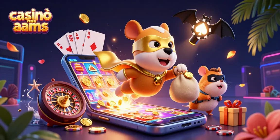 Casinò non AAMS, il cane supereroe e il suo amico hamster volano sopra i giochi d'azzardo vivaci e colorati.