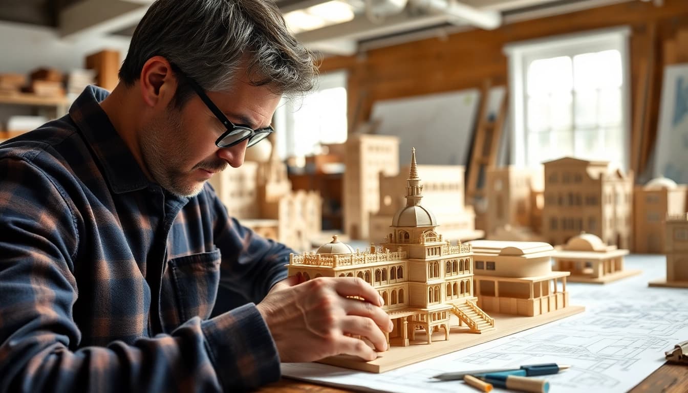 Architekturmodellbau Aachen: Detaillierte Bauwerk-Modelle in professioneller Werkstattatmosphäre.