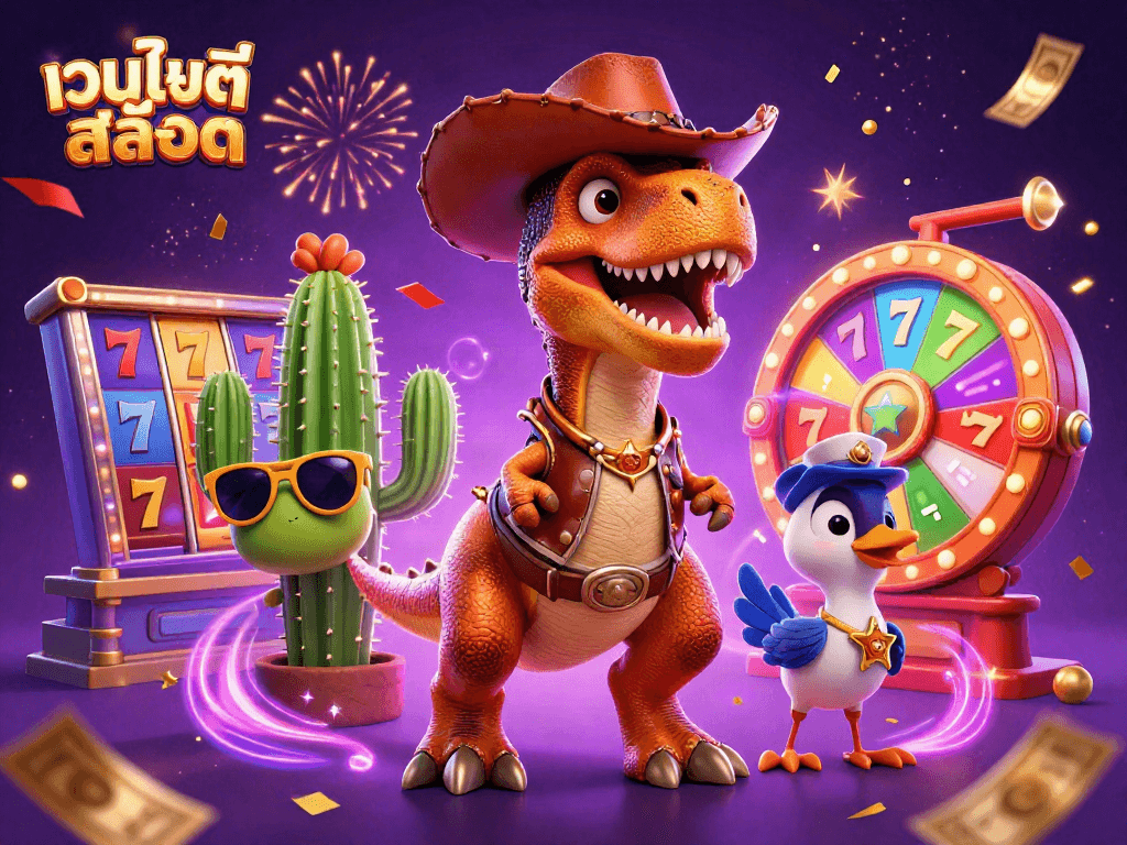 Experience thrilling slots action at เว็บไซต์สล็อต with cartoon characters amidst colorful jackpots.