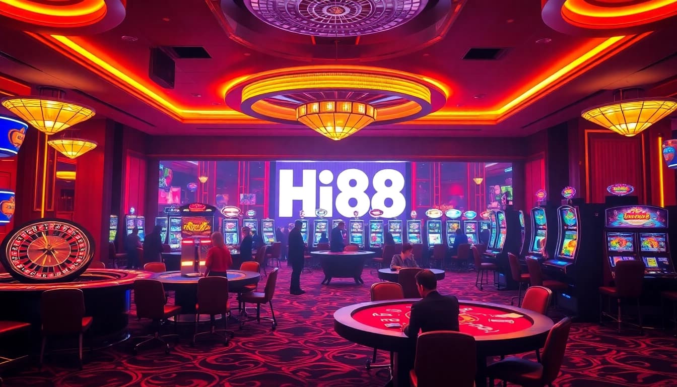 Experience thrilling gameplay with Hi88 at a luxurious casino table filled with poker chips and a roulette wheel.