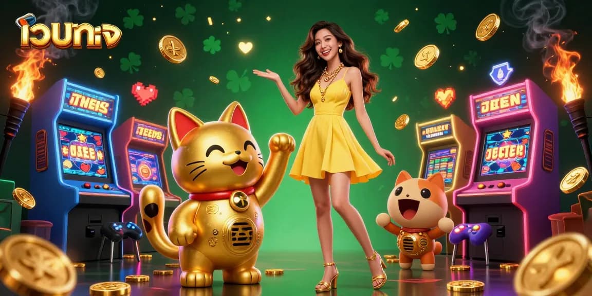 สัมผัสการเล่นเดิมพันลอตเตอรี่เว็บตรงกับผู้หญิงเอเชียที่มีความสุขและแมวโชคดีท่ามกลางองค์ประกอบคาสิโนที่สดใส