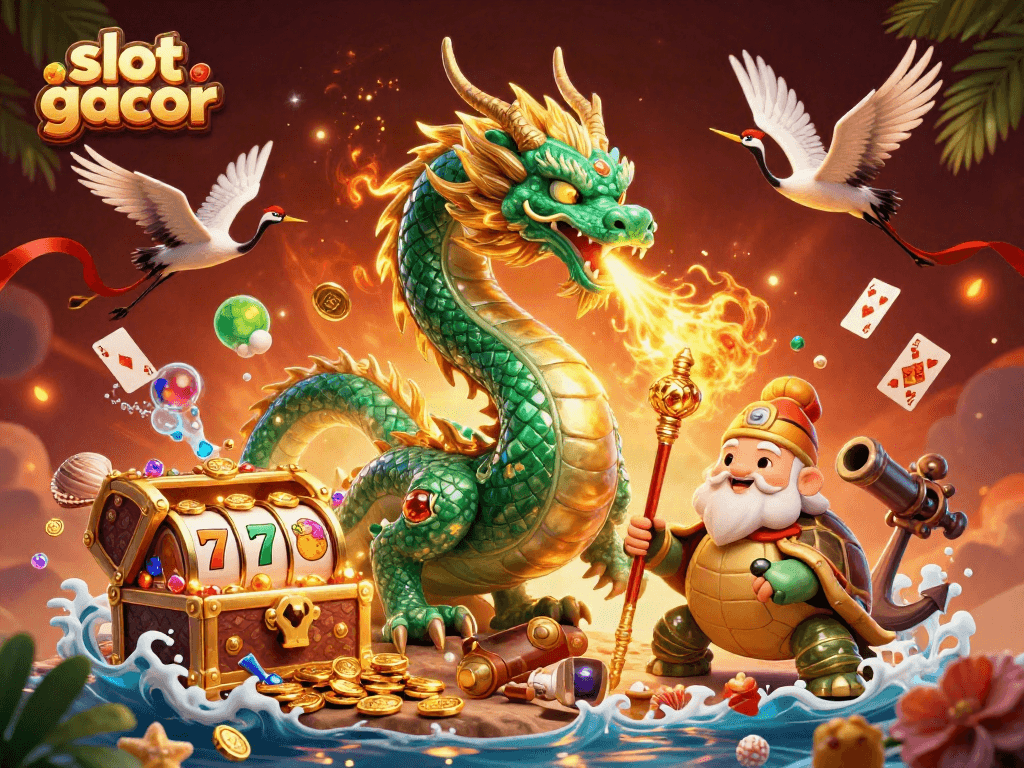 Engage with slot gacor highlights as a jade dragon, sage, and cranes celebrate dynamic casino action.