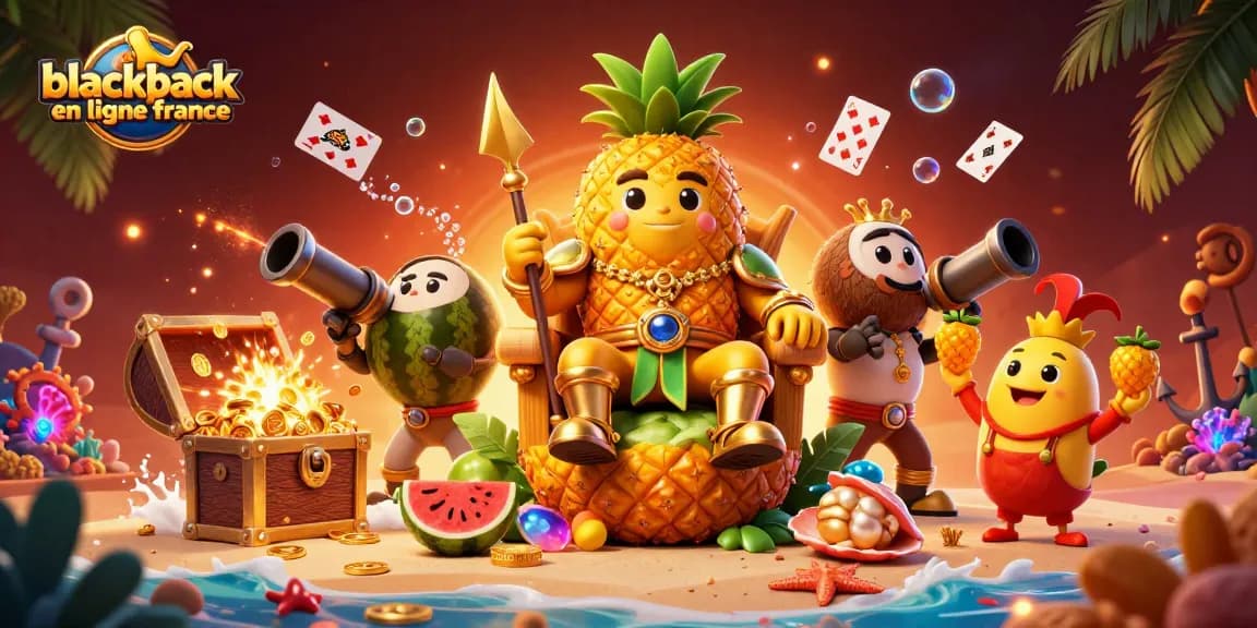Découvrez le blackjack en ligne France avec des animations colorées et un roi amusant sur une plage de casino.