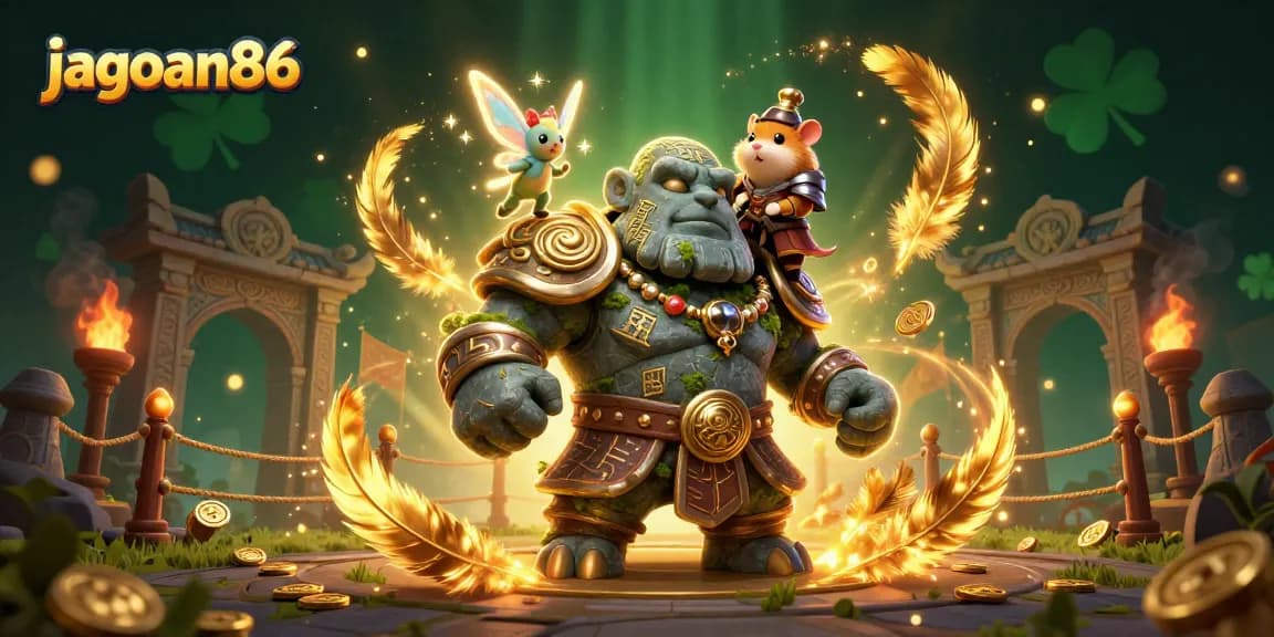 jagoan86 showcases an ancient stone golem guardian and a fairy casting magic amidst vibrant casino elements.