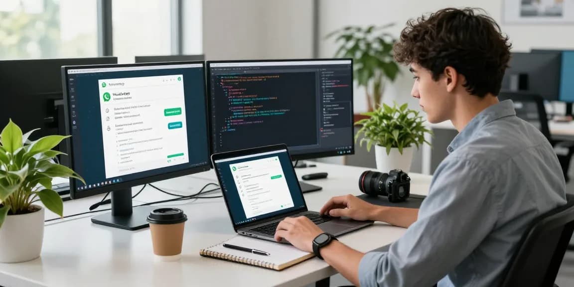 Demonstrating WhatsApp下載 features in a modern tech workspace with multiple screens and a vibrant atmosphere.