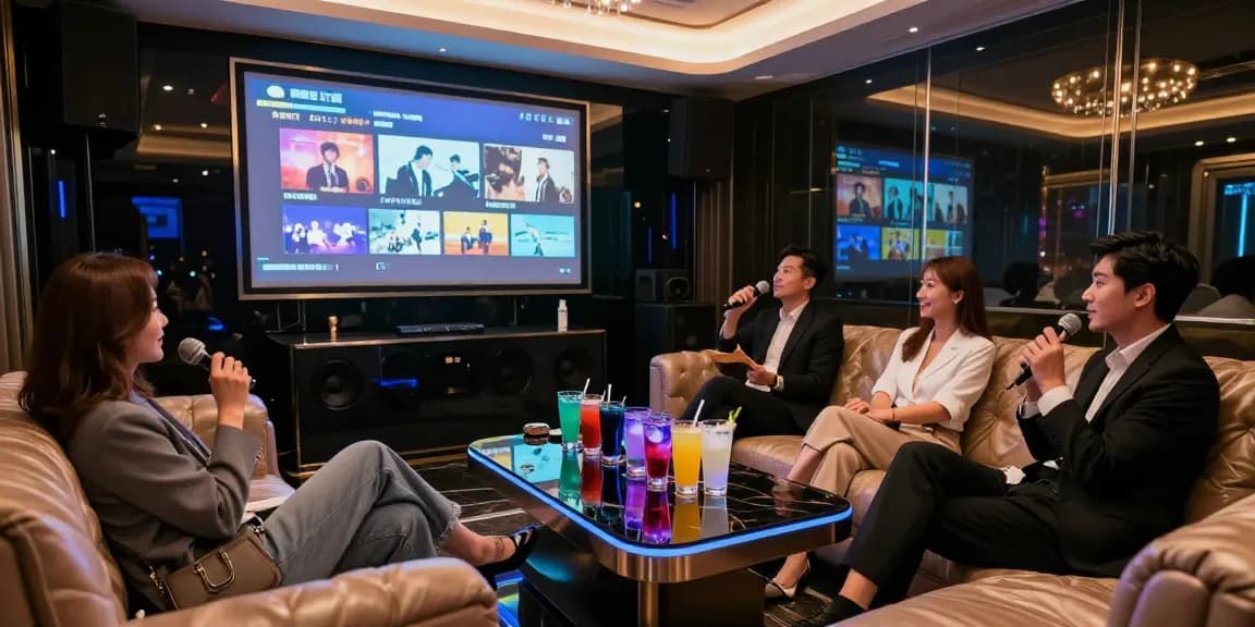강남가라오케 https://www.gangnammicroom.com의 고급스러운 노래방 내부에서 전문직 종사자들이 편안한 분위기 속에서 즐겁게 노래를 부르는 장면입니다.
