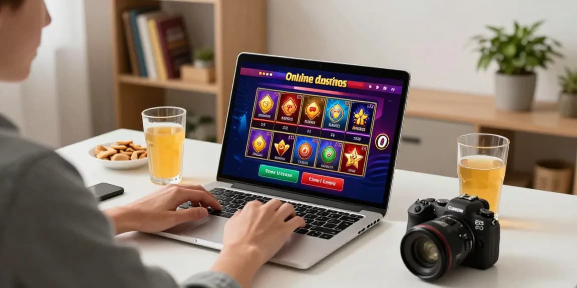 Player engaging with new online casinos on a laptop, showcasing vibrant game interfaces and a cozy atmosphere.