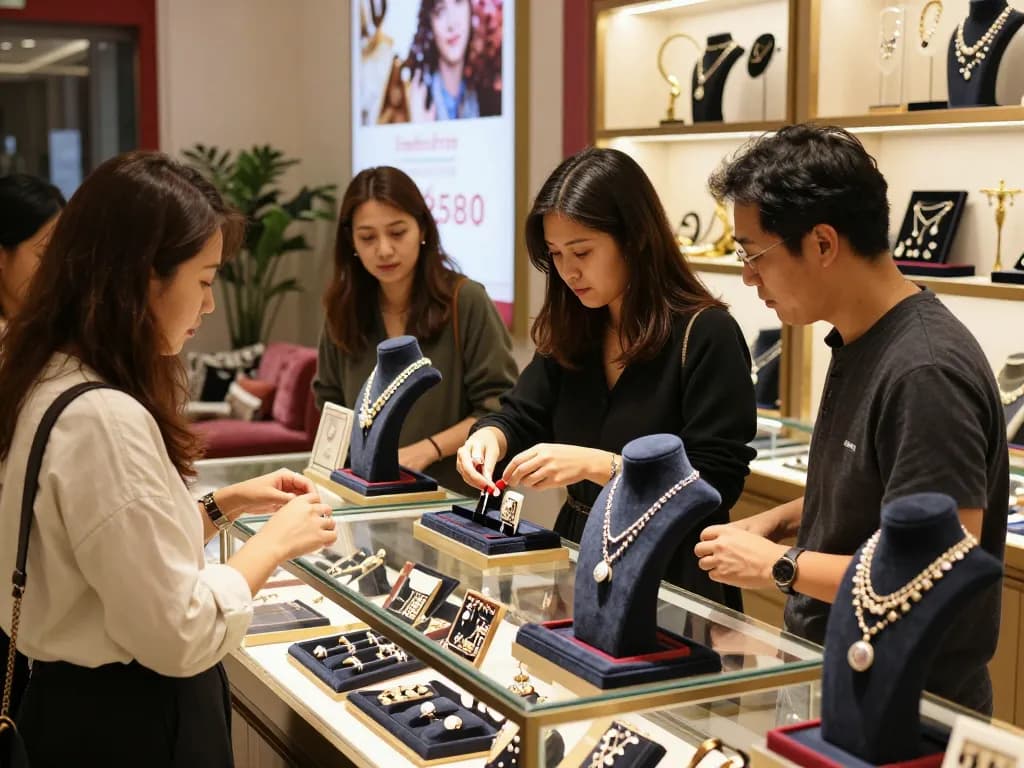 A warm jewelry store scene showcasing handcrafted pieces, inviting customers to explore our site.