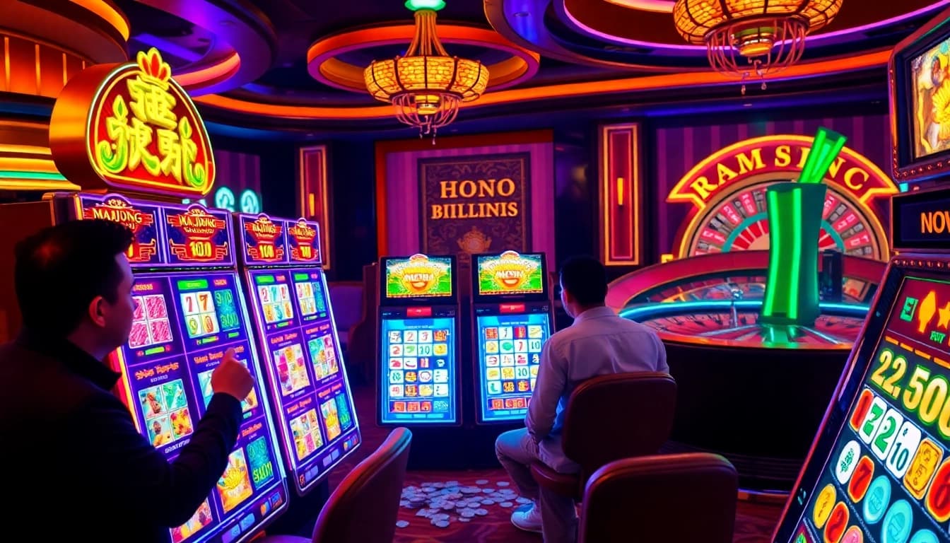 Players enjoying the slot demo mahjong at a luxurious casino, surrounded by vibrant gaming elements.