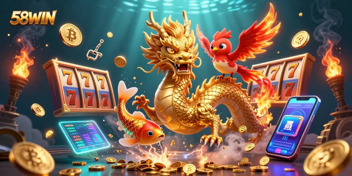 Experience the thrilling excitement of 58WIN's colorful slots with vibrant characters and gleaming coins.