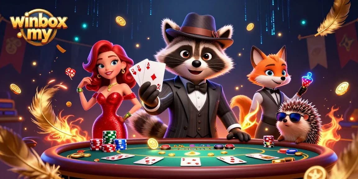 Experience thrilling poker action at winbox my with a stylish raccoon, a fox lady, and a hedgehog bouncer.