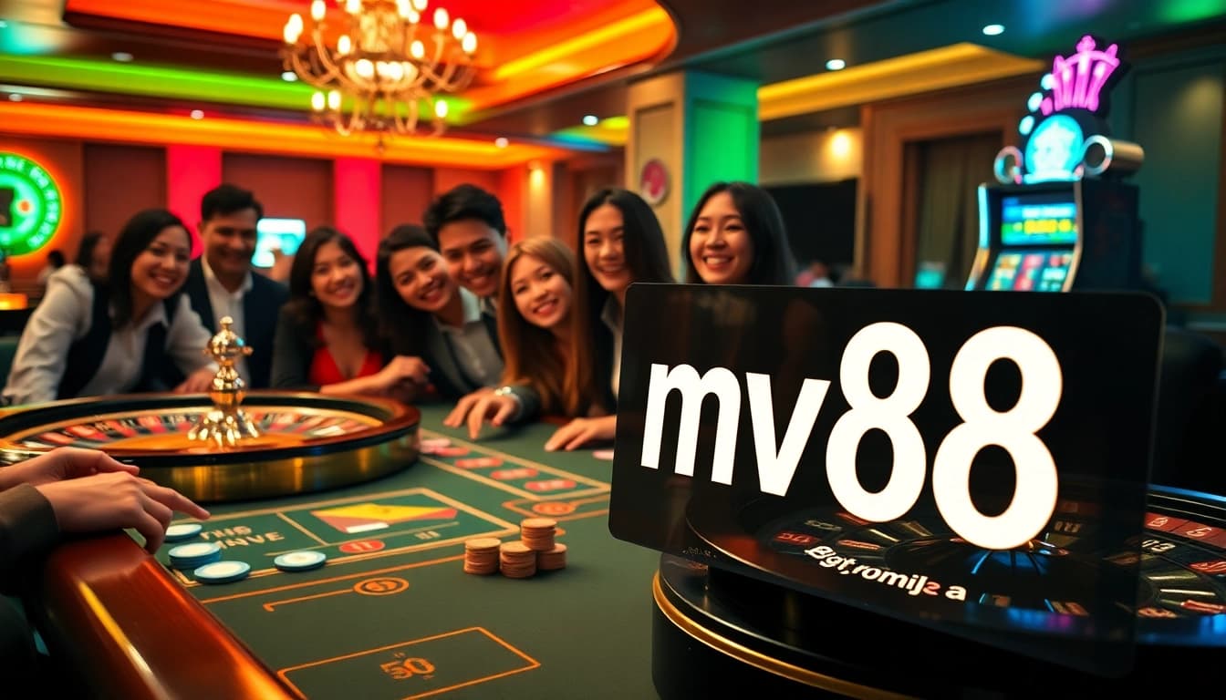 Excited players enjoy high-stakes gambling at MV88, showcasing poker, roulette, and slot machines.