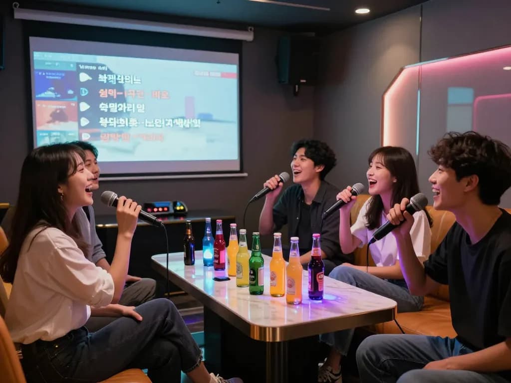 친구들과 함께 노래를 부르며 음료와 활기찬 분위기를 즐기는 부평쓰리노 프라이빗 노래방의 매력적인 사회적 모임.