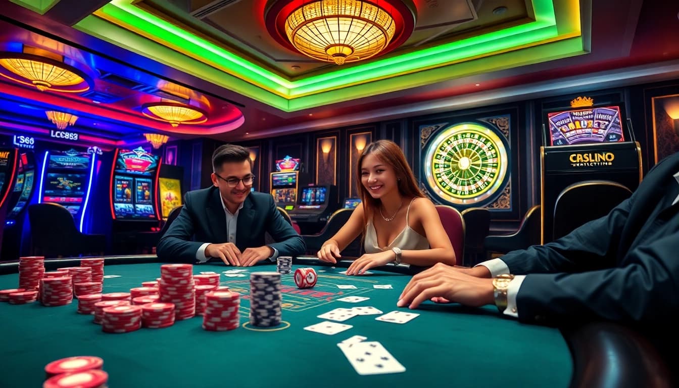 Experience the thrill of gambling at LC88.COM with vibrant casino scenes featuring poker tables and slot machines.