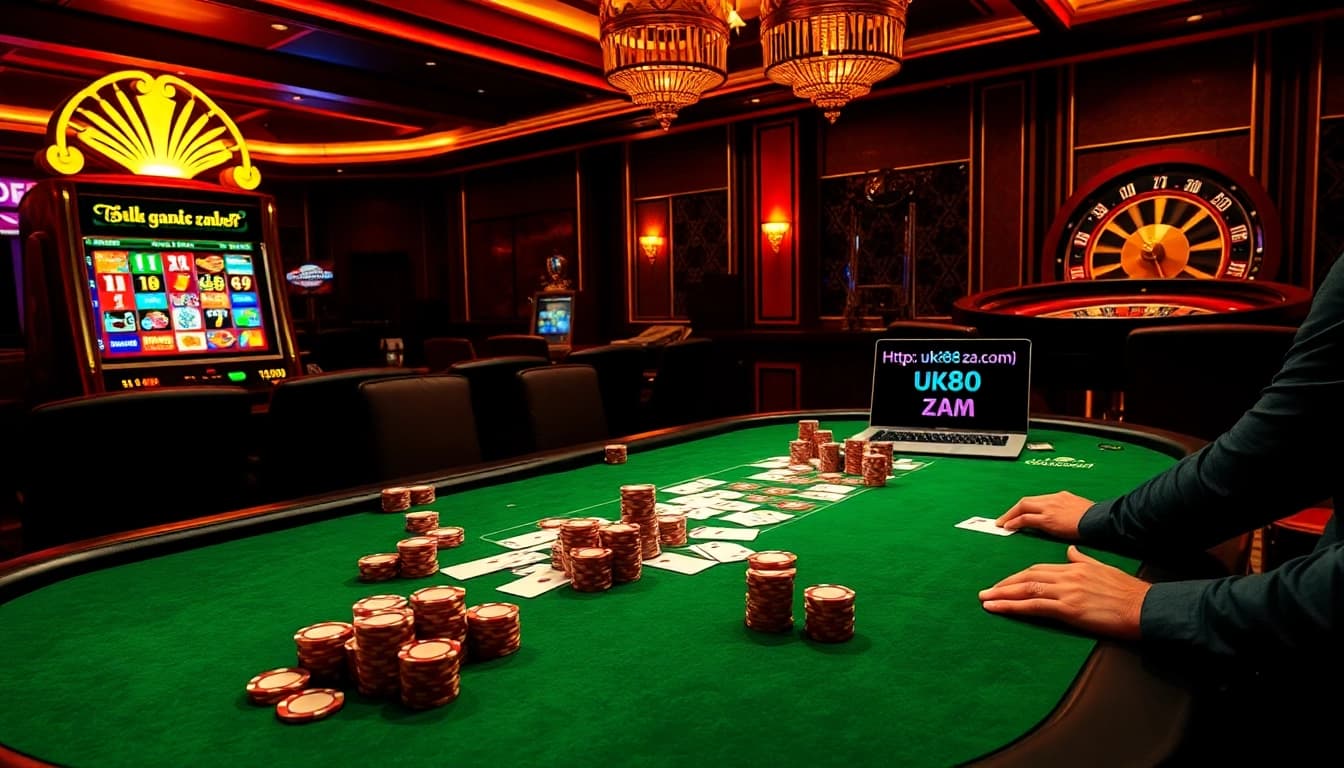 Experience thrilling gameplay at https://uk88.za.com/ with poker, slots, and roulette in a vibrant casino scene.
