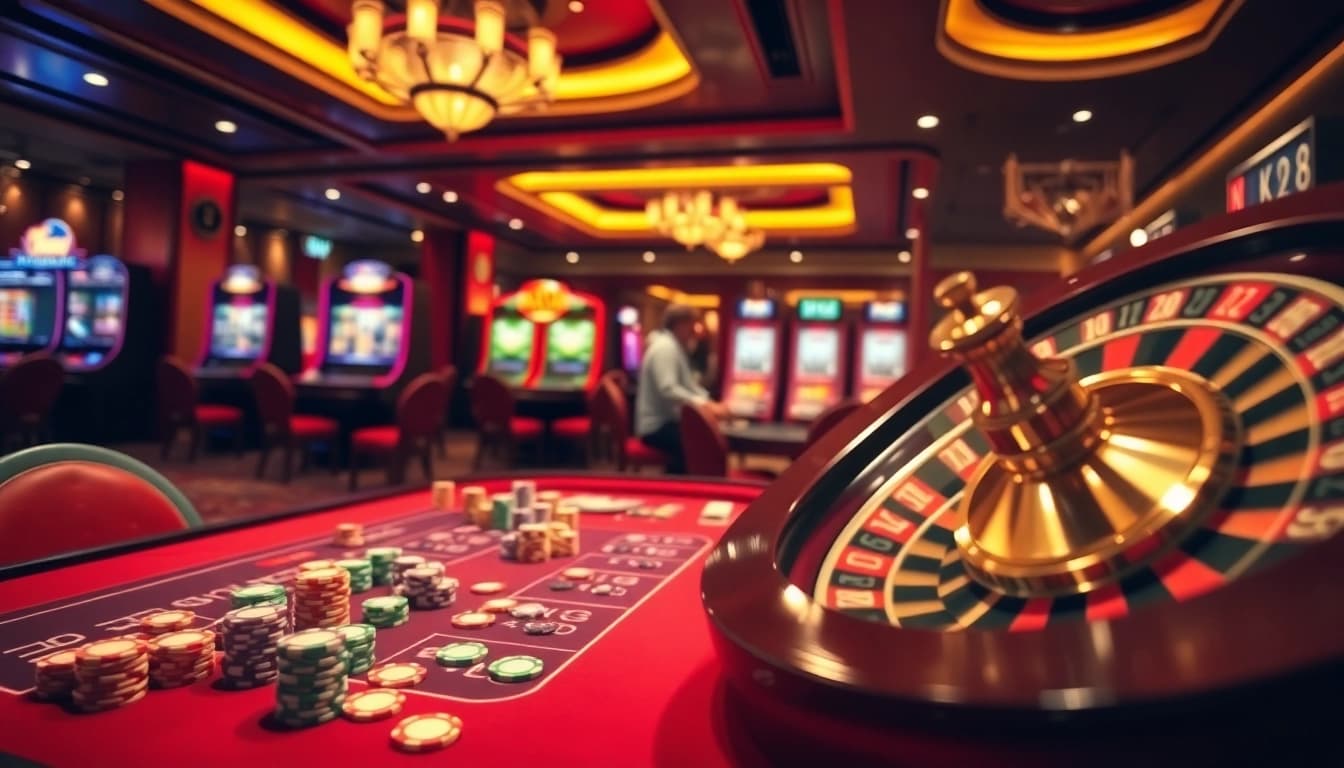 Exciting poker game action featuring NK88-themed chips and casino tables.
