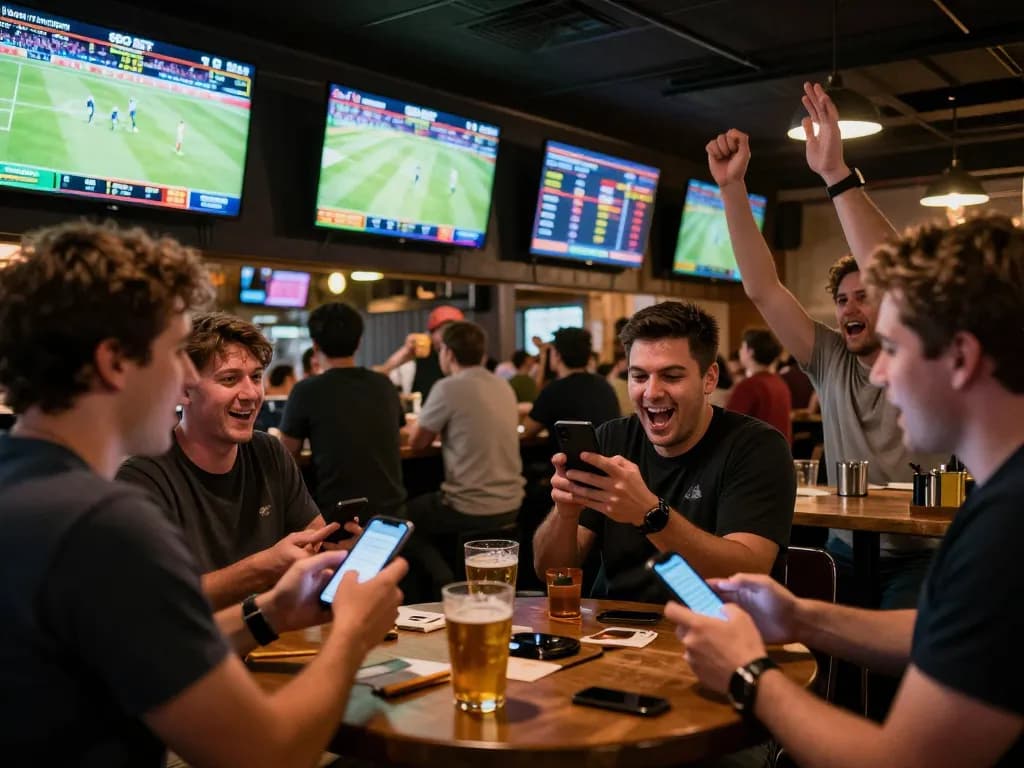 SBO BET scene with fans placing sports bets at a lively sports bar during live game.