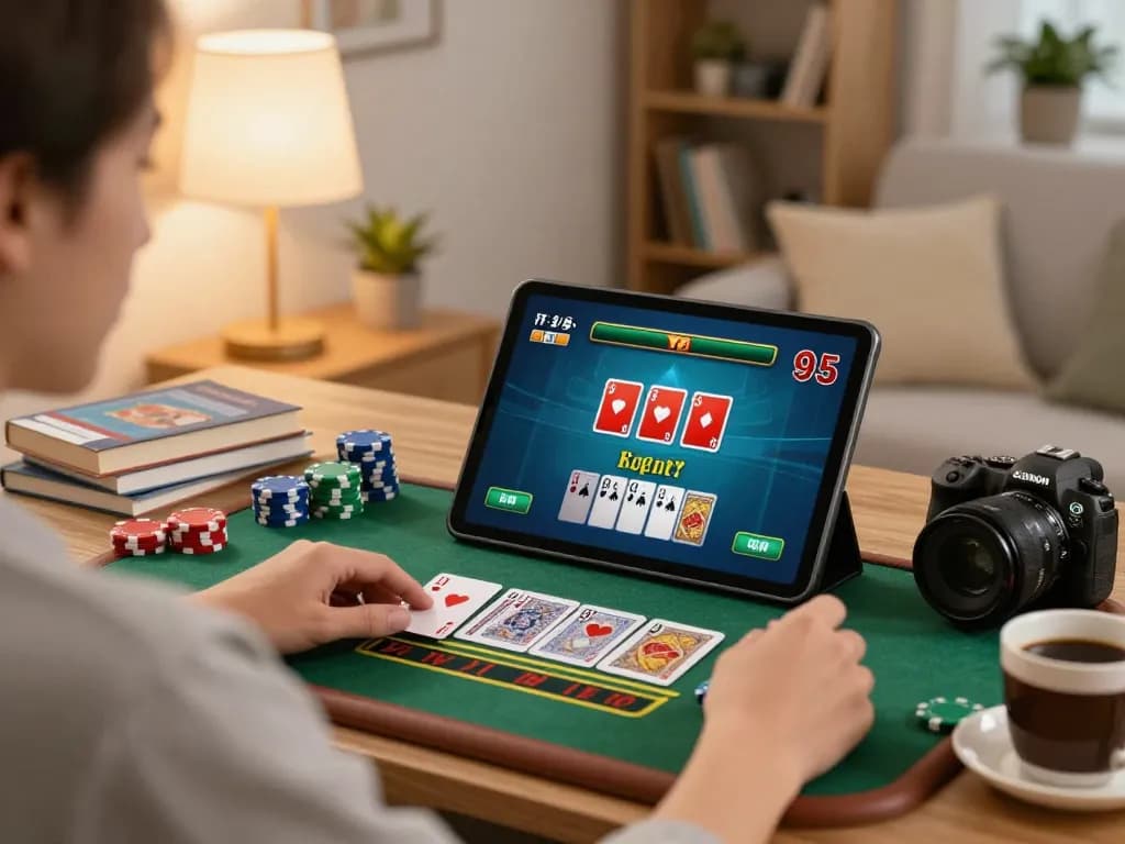 Player engaged in online blackjack gameplay on tablet at home, showcasing 123b-bm's gaming features.