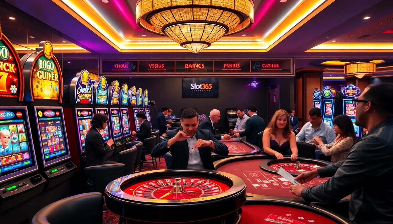 Exciting gaming action at slot365 with vibrant slot machines and professional dealers.