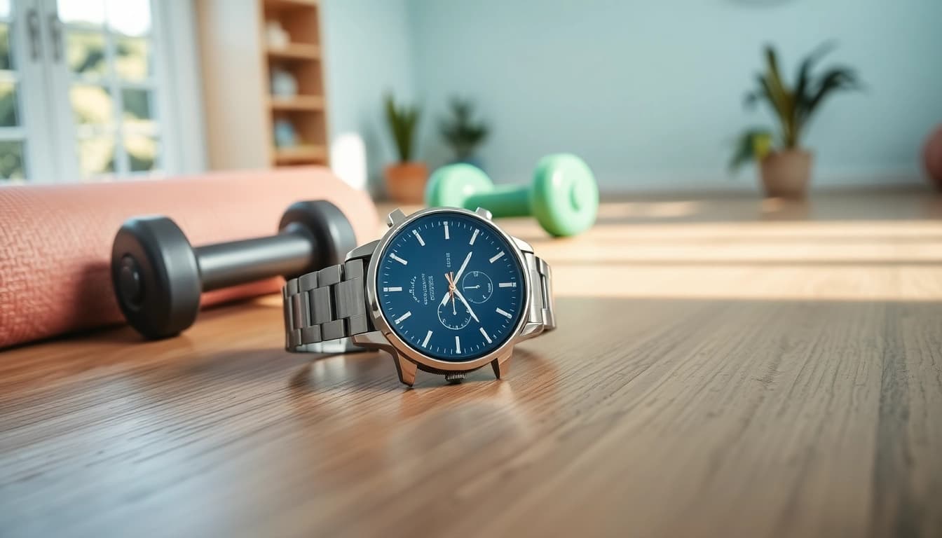 Showcase the Finesse Smart Watch on a natural wooden table with fitness accessories.