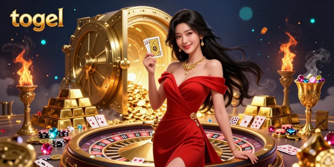 Togel game scene showcasing a young Asian woman with a playing card, surrounded by roulette elements and treasures.