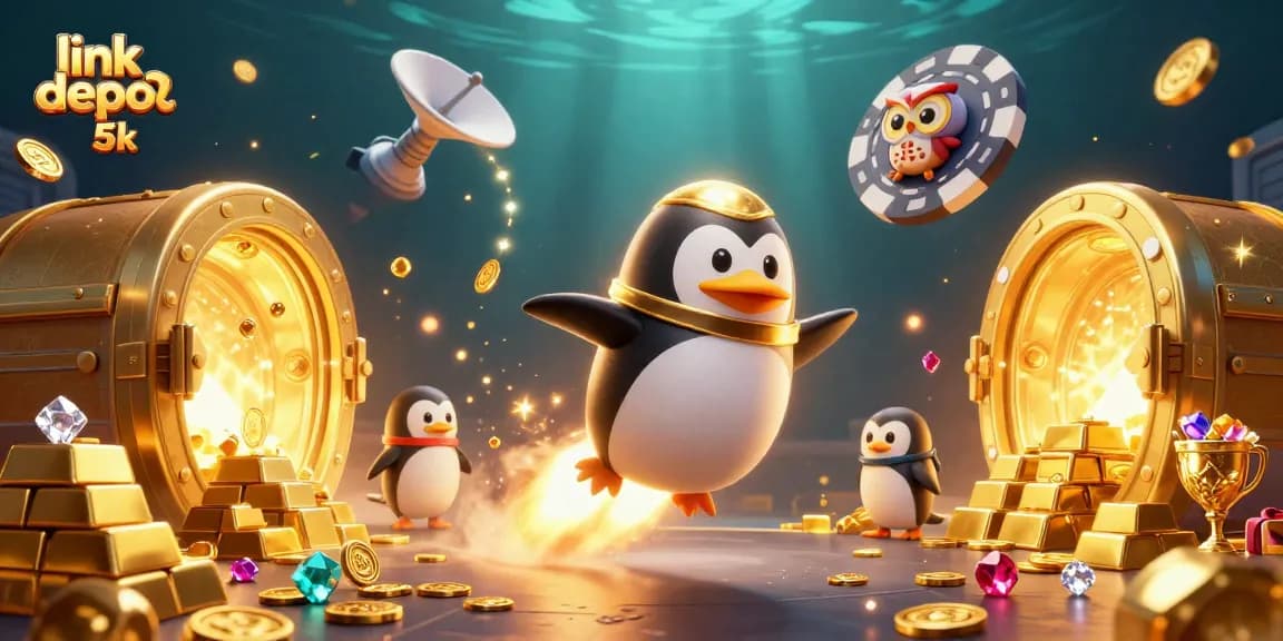 Engage with the vibrant link depo 5k scene showcasing a golden penguin heading toward a casino station surrounded by riches.