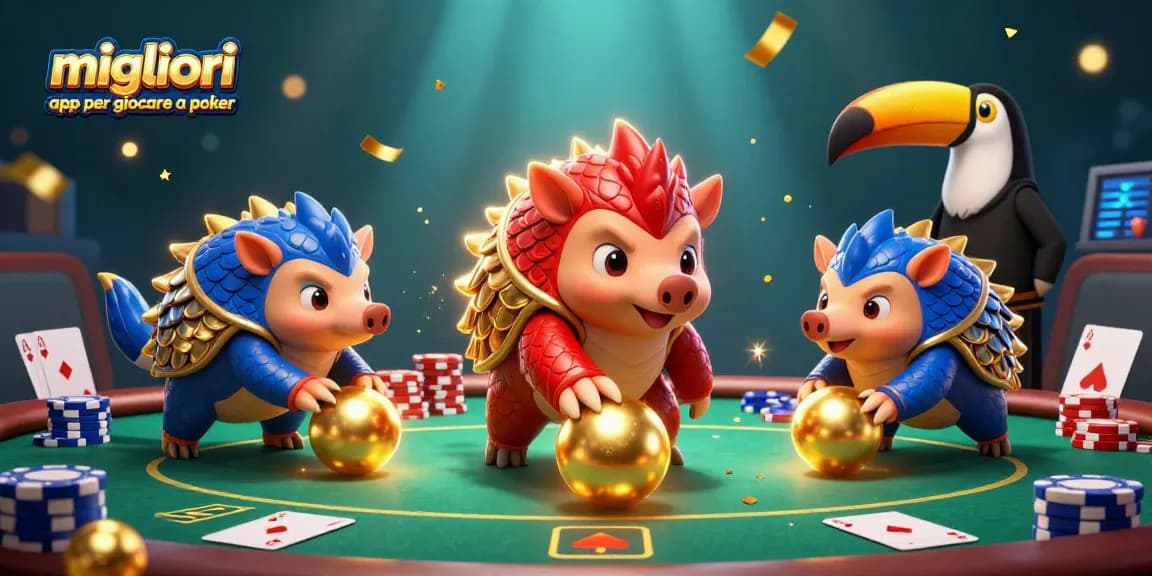 Migliori app per giocare a poker: scene di pangolini che si sfidano a poker con carte e gettoni in un’atmosfera vivace.