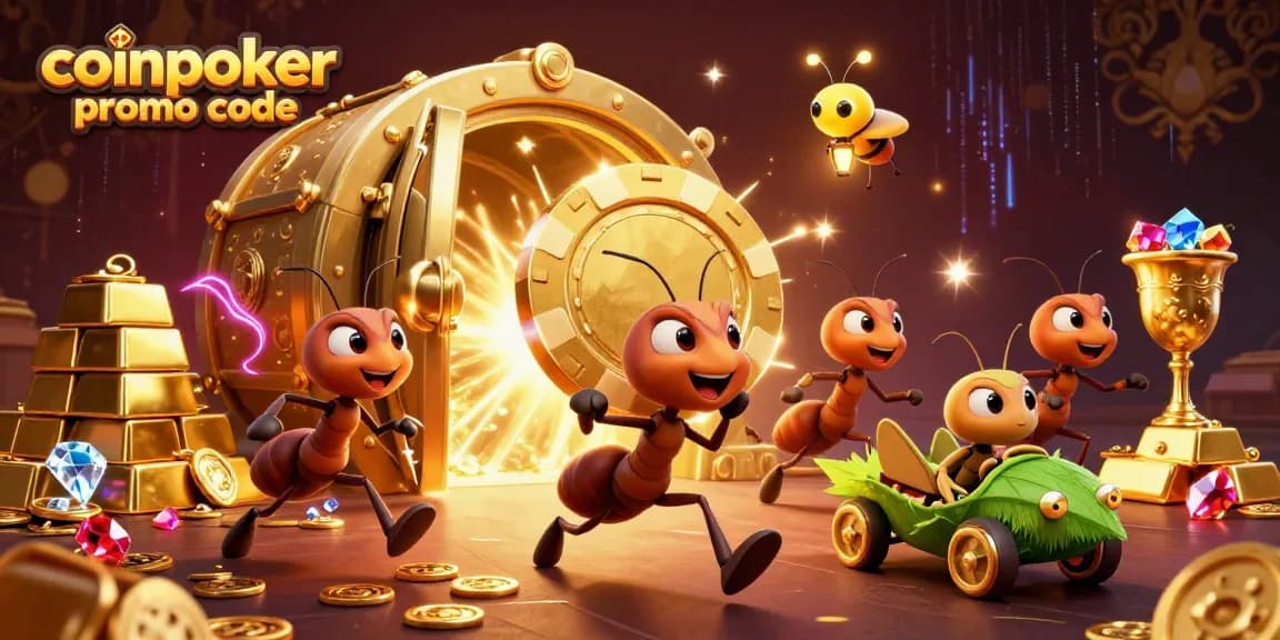 Accédez au code promo CoinPoker tout en profitant d'une illustration animée captivante d'une équipe de fourmis.