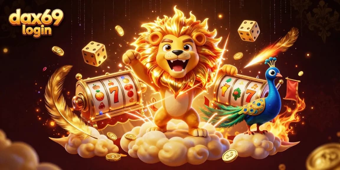 Mainkan dax69 login dengan slot berwarna emas dan simbol keberuntungan dalam ilustrasi kasino yang menarik.
