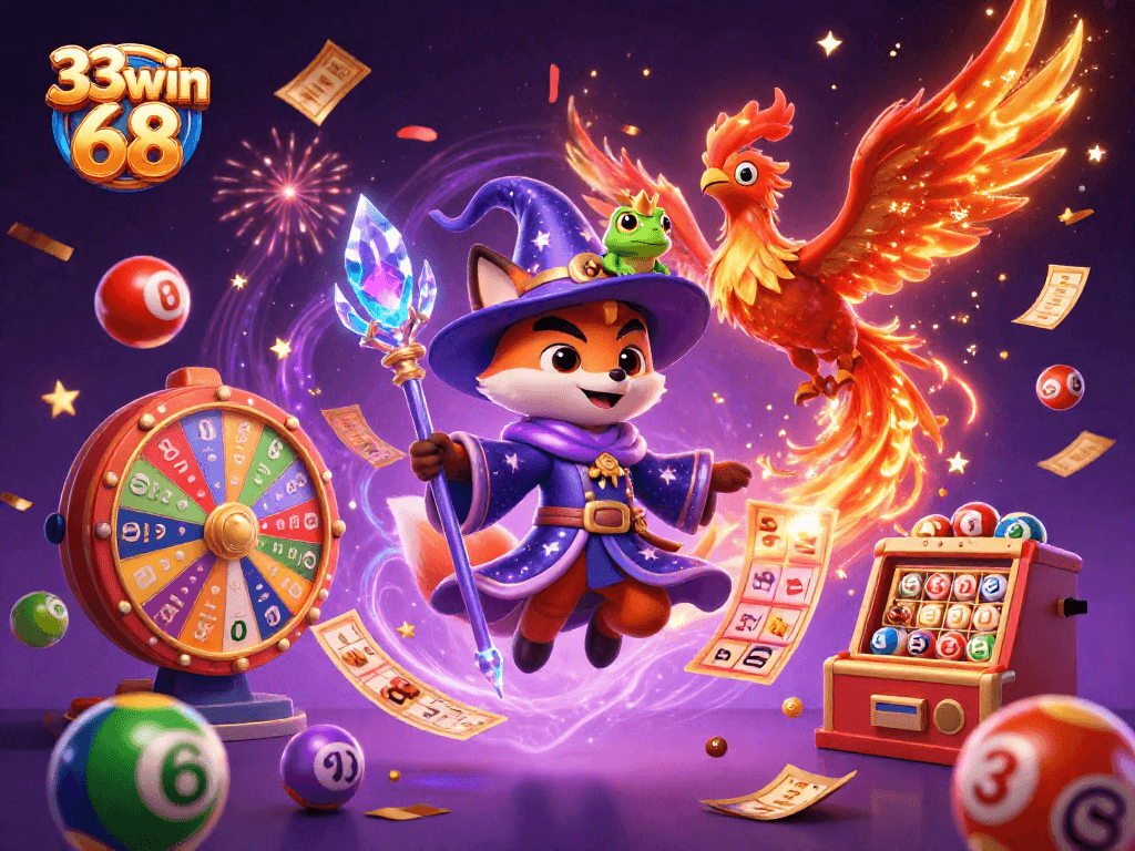 Experience the excitement of gambling with 33win 68 and vibrant lottery elements in a festive scene.